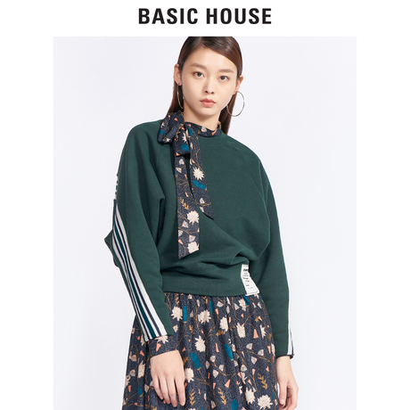 Basic House/百家好冬款加厚宽松无帽长袖卫衣棉质保暖HRTS721D商品大图