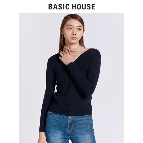 Basic House/百家好冬季新款V领长袖百搭针织开衫女HRKT720P商品大图