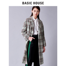 Basic House/百家好秋季新款格子毛呢中长款大衣外套系带HSCA121B图片