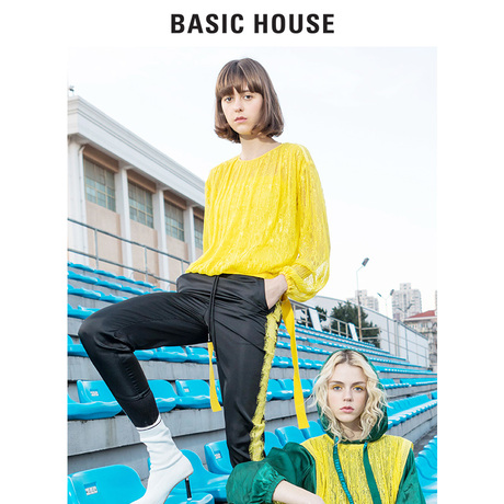 Basic House/百家好2018夏季新款T恤韩版套头飘带上衣女HSBL325A商品大图