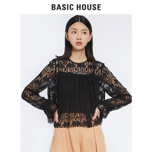 Basic House/百家好秋冬款长袖蕾丝镂空圆领长袖打底衬衫HSBL521H图片