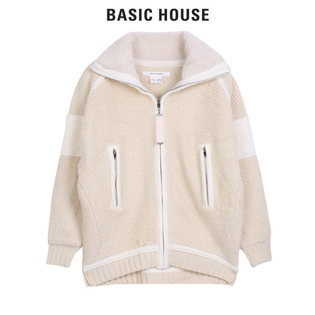 Basic House/百家好冬季新款拼色毛毛翻领宽松短款外套女HPKT721C商品大图