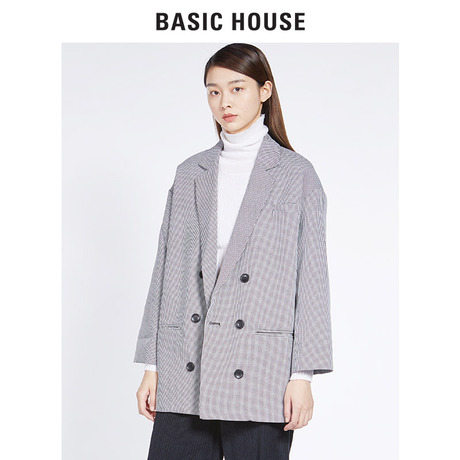 Basic House/百家好2018春秋新款夹克女单色格子花纹外套HSJK628C商品大图