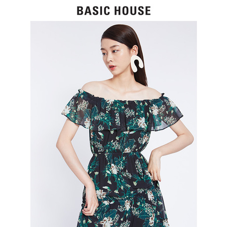 Basic House/百家好18秋季新款明星同款长款碎花连衣裙女HSOP528G商品大图