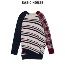 Basic House/百家好2018冬季新款格纹拼色不规则套头卫衣HSKT721D图片
