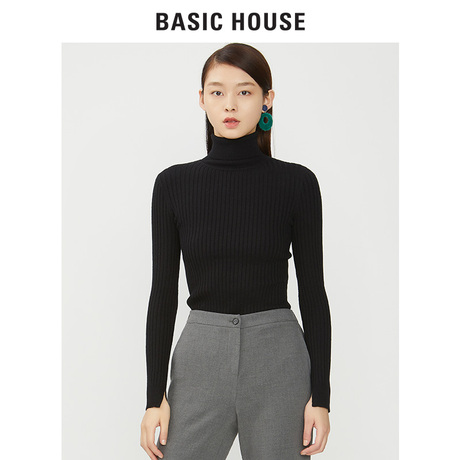 Basic House/百家好2018秋冬新款纯色修身打底翻领针织女HSKT728L商品大图