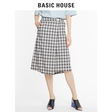 Basic House/百家好2018秋季新款半身裙格子开叉中长款女HSSK628G商品大图