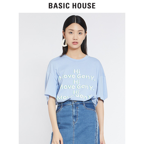 Basic House/百家好2018夏秋新款字母收腰宽松短袖上衣女HSTS521I商品大图