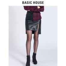 Basic House/百家好纯色不规则开衩显瘦铅笔裙皮短裙女HRSK720I图片