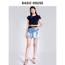Basic House/百家好新款夏季牛仔补丁包臀半身裙短裙女HRSK321K图片