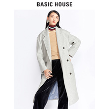 Basic House/百家好冬季纯色长袖条纹双排扣毛呢大衣外套HRCA721E图片