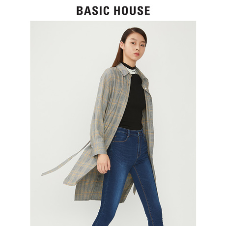 Basic House/百家好秋冬季新款中长款束腰格子大衣外套HSWS721D商品大图