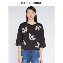 Basic House/百家好2018春秋新款T恤女生宽松九分袖上衣HQTS520A图片