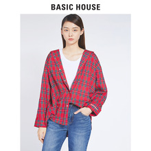 Basic House/百家好旗舰店长袖格子百搭风格立领宽松衬衫HSWS628D图片