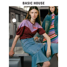 Basic House/百家好2018新款女装荷叶边不规则牛仔中裙子HSSK521B图片