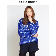 Basic House/百家好宽松舒适休闲蓝色网格T恤女上衣HPTS721S图片