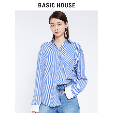 Basic House/百家好2018秋季新款衬衫女条纹衬衫显瘦衬衣HSWS628B商品大图