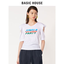Basic House/百家好2018夏季新款字母印花露肩修身T恤女HSTS322F图片
