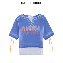 Basic House/百家好夏季新款刺绣流苏装饰牛仔T恤女HQBL321A图片