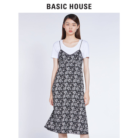 basichouse/百家好2018夏季新品女装修身印花吊带连衣裙HSOP528B商品大图