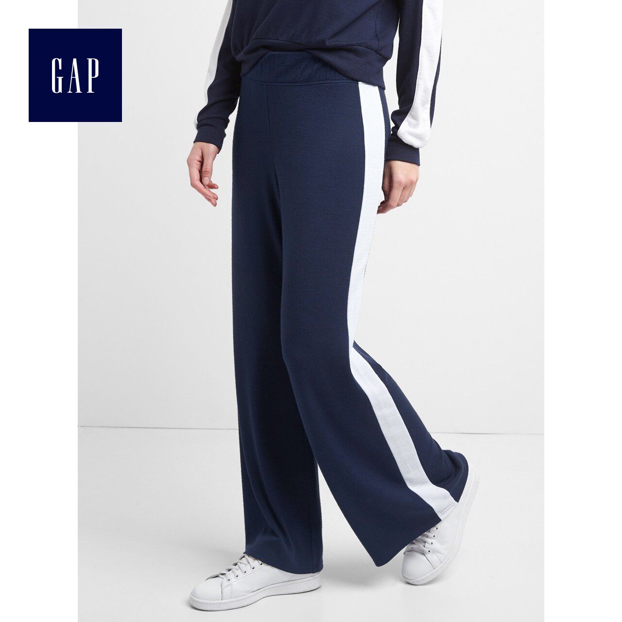 Gap女装 柔纺侧条纹中腰阔腿裤215789 2018春装新款