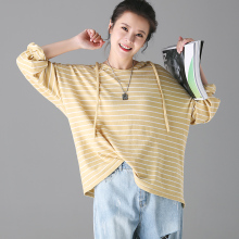 米可可 Z3367 文艺大码宽条纹连帽套头卫衣薄款针织衫女 2018秋图片