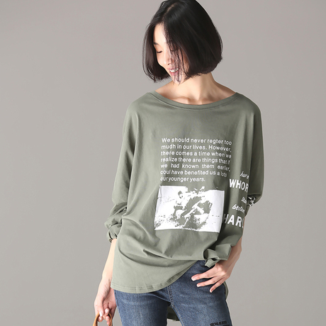 米可可 T9022 文艺大码一字领人物字母落肩袖宽松大T恤女2018秋商品大图