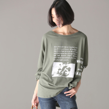 米可可 T9022 文艺大码一字领人物字母落肩袖宽松大T恤女2018秋图片