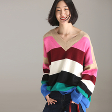 米可可  M6528 文艺大码彩条拼色V领减龄中长款大毛衣女 2018秋图片