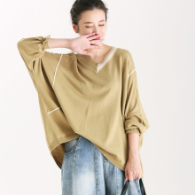 米可可  Z7190文艺大码拼接V领蝙蝠袖打底针织衫毛衣女 2018秋新图片