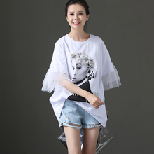 米可可T1863文艺大码圆领拼接立体人物印花五分袖T恤女 2018夏图片