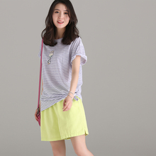 米可可T629 文艺大码圆领细条纹卡通拼贴薄款短袖T恤女 2018夏图片
