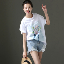 米可可T1109 文艺大码亮片立体美女印花纯棉薄款T恤女 2018夏图片