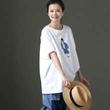 米可可T380 文艺大码宽松卡通印花圆领纯棉五分袖T恤女 2018春图片