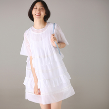 米可可Q2110 文艺大码圆领蕾丝荷叶边薄款短袖连衣裙女 2018夏图片