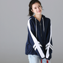 米可可R8100 文艺大码连帽拼条半襟拉链减龄运动款卫衣女 18秋图片