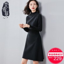 梵希蔓针织裙女2018新款秋冬连衣裙中长款长袖木耳边半高领A字裙图片