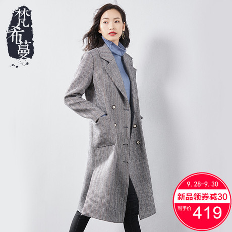 梵希蔓毛呢大衣女新款2018冬季中长款人字纹职业修身显瘦呢子外套商品大图
