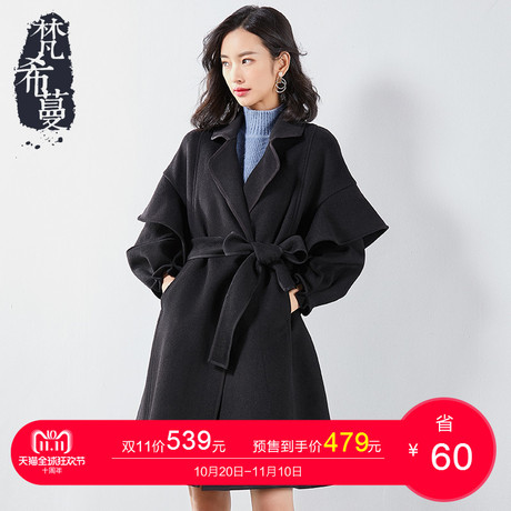 【预售】梵希蔓双面呢大衣女中长款2018冬季新款黑色毛呢外套商品大图