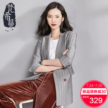 梵希蔓西装外套女秋季2018新款条纹职业复古七分袖中长款西服上衣图片