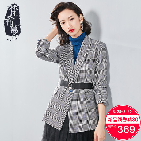 梵希蔓2018新款冬季毛呢大衣女小个子收腰复古翻领短款千鸟格外套商品大图