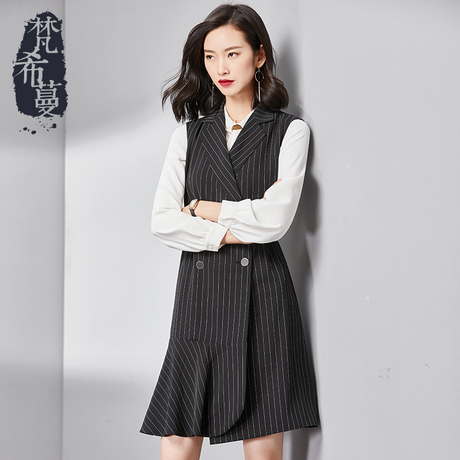 梵希蔓2018秋季新款女装韩版无袖条纹职业收腰a字连衣裙鱼尾摆商品大图