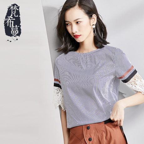 梵希蔓短袖拼接花边条纹女款衬衫2018夏季新款女装韩版衬衣短款商品大图
