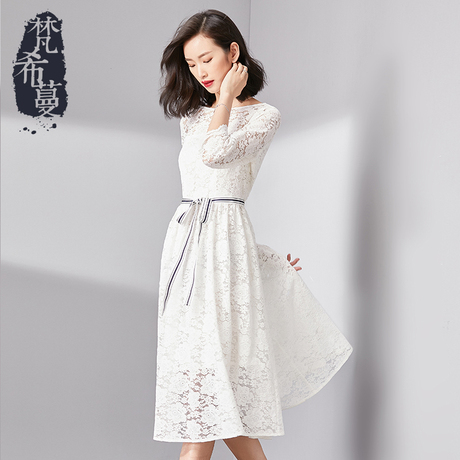 梵希蔓2018秋季新款女装韩版白色收腰七分袖a字蕾丝连衣裙中长款商品大图