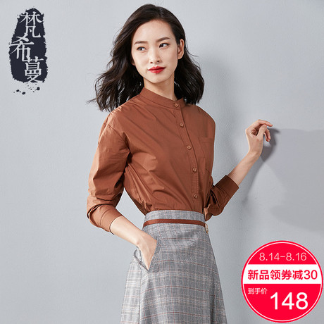 梵希蔓2018秋装新款立领衬衫女长袖纯棉修身显瘦纯色复古通勤上衣商品大图