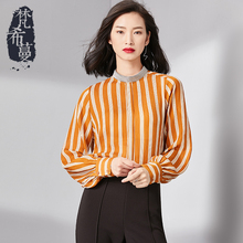 梵希蔓雪纺上衣女2018新款长袖立领条纹复古印花灯笼袖套头衬衫女图片