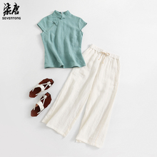 复古盘扣上衣棉麻改良旗袍短袖唐装女夏茶服中国风中式衬衫斜襟图片