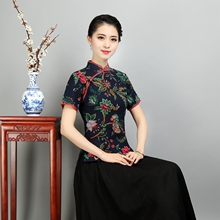 新款唐装女士夏款中式民族风女装汉服改良短袖七分袖棉麻旗袍上衣图片