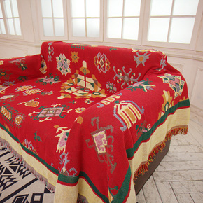 民族红黄双面多功能沙发盖毯巾波西米亚针织棉线毯搭毯毛毯地毯