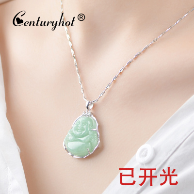 银镶玉佛天然A货翡翠吊坠女配银项链弥勒佛笑脸佛母亲节送妈妈